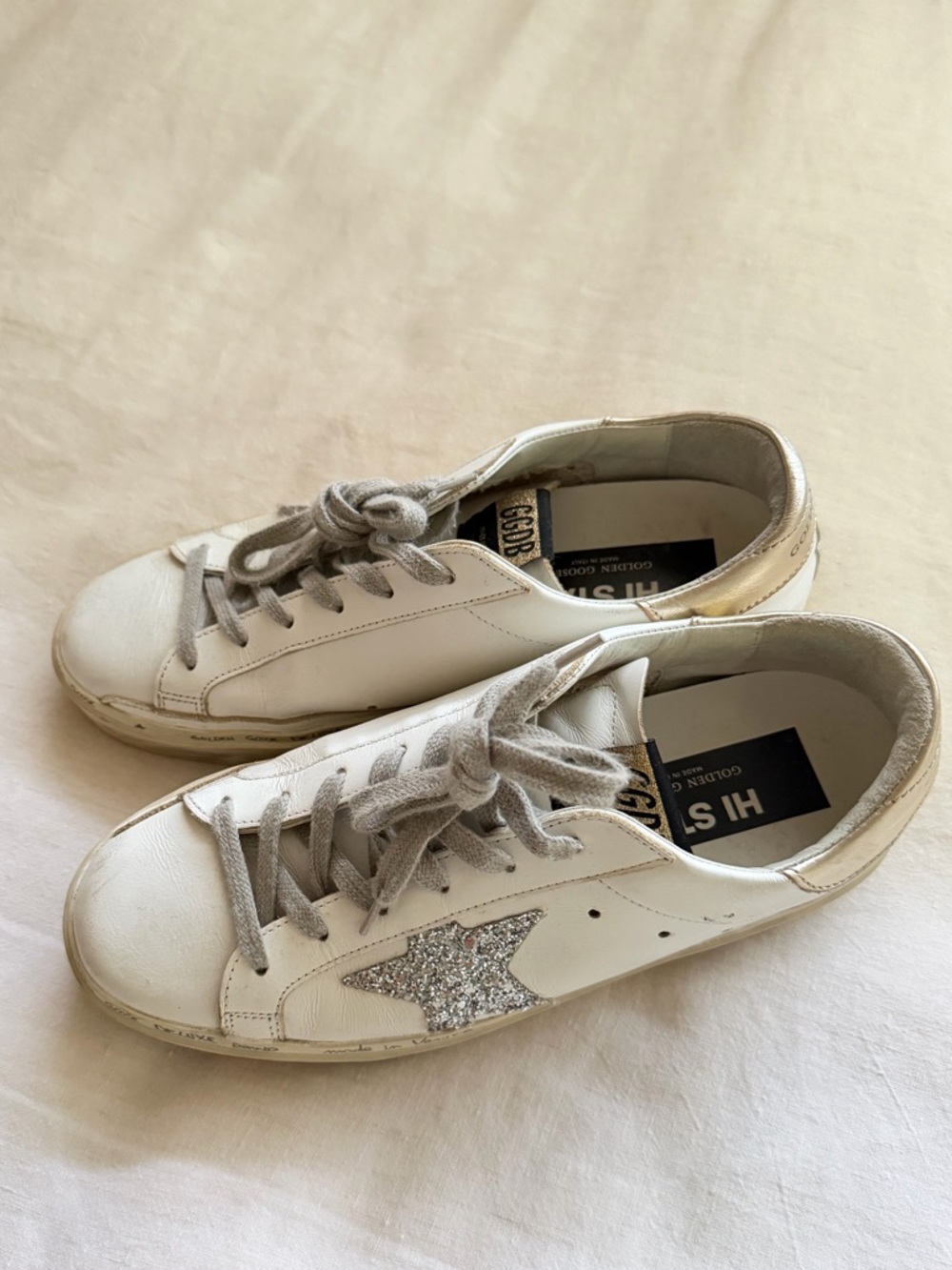 Golden Goose White Leather Sneakers with Silver Glitter Star - Picture 2 of 8